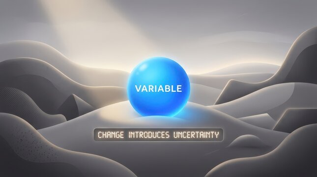 Abstract glowing blue sphere labeled VARIABLE on a futuristic landscape with text CHANGE INTRODUCES UNCERTAINTY