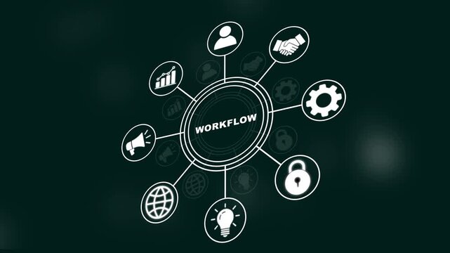 Dynamic digital workflow infographic animation featuring interconnected business and strategic management process symbols for corporate presentations, data visualization, and project planning