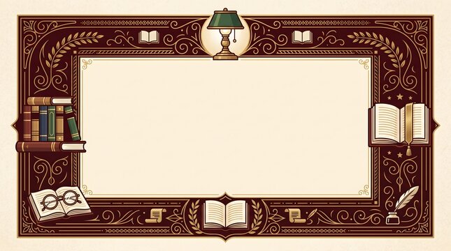 Vintage library border frame with books and reading lamp