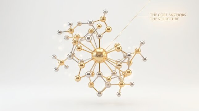 Abstract golden and silver molecular structure with a central core anchored to the structure, representing science and innovation