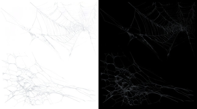 Realistic spider web illustration set, spooky cobweb design elements on black and white backgrounds, creepy spiderweb textures for Halloween