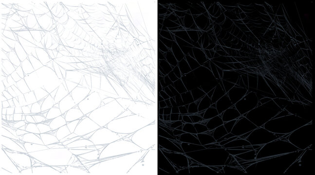 Spooky spider web textures on black and white backgrounds, creepy cobweb overlays for Halloween, gothic net patterns for horror design