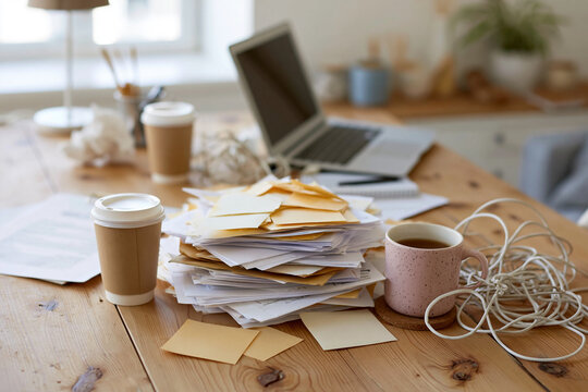 Wooden desk holds scattered papers and coffee cups. Laptop rests open, wires tangled nearby. Soft light filters through a window behind. Cozy, cluttered workspace suggests busy days