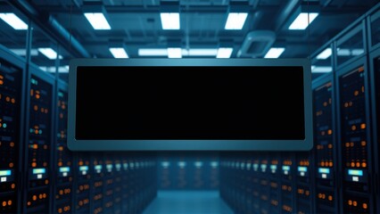 Fototapeta premium Server room interior. Rows servers illuminated, cool blue tones dominate space. Central display screen prominent. Technology infrastructure visible.