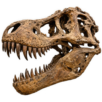 Fossilized skull of a tyrannosaurus rex dinosaur isolated on transparent background