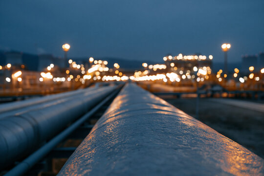 Long pipelines stretch into glowing industrial horizon. Evening sky frames distant lights across factory site. Cold metal surface reflects faint ambient glow
