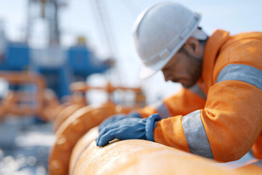 Worker inspects pipeline with focused attention. Orange suit and helmet signal safety protocols. Blue gloves grip pipe securely. Background shows industrial rig and equipment. Ideal for construction
