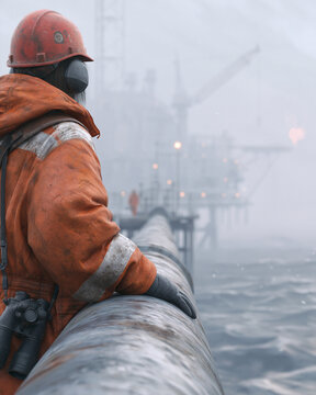 Worker stands on offshore platform in foggy sea. Orange suit, helmet, and gloves protect against harsh elements. Large pipe runs through foreground, leading toward distant structure