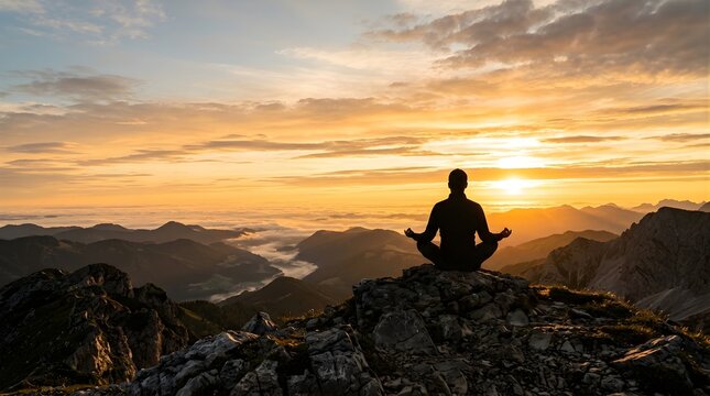 Silhouette of person meditating on mountain peak during golden sunset