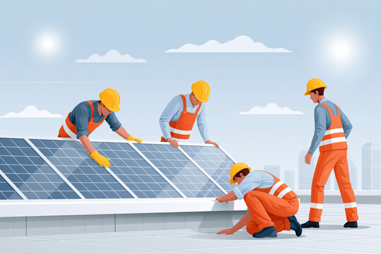 Workers install solar panels on a rooftop. Sunlight shines over a clear sky with soft clouds. Team members wear safety gear and hard hats. They focus on securing panels with care and precision