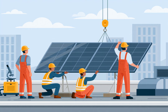 Workers install solar panels on a rooftop. Team members collaborate under clear skies. Cranes and tools signal active construction. Eyes show focus, not emotion