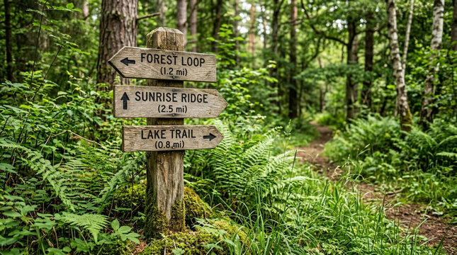 Forest path signpost with directions: Forest Loop, Sunrise Ridge, Lake Trail