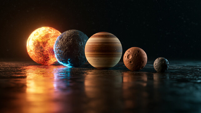 A row of various stylized planets arranged in size order on a reflective dark surface. Perfect for sci-fi themes or space exploration concepts.