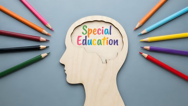 Wooden human head shape cutout with a brain shape inside containing the colorful text special education, surrounded by colorful pencils pointing towards it on a grey background
