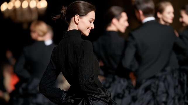 Elegant Woman in Dark Formal Attire Participating in an Enchanting Mysterious Vampire Ball Event