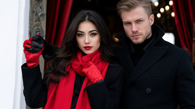Elegant Couple Posing at a Mysterious Vampire Ball Wearing Red Accessories and Formal Attire
