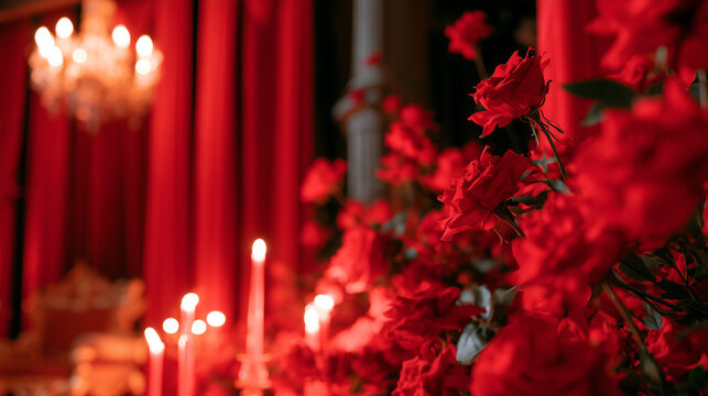 Enchanting Red Rose Decor for an Elegant Vampire Ball Theme at a Luxurious Gothic Gala Evening