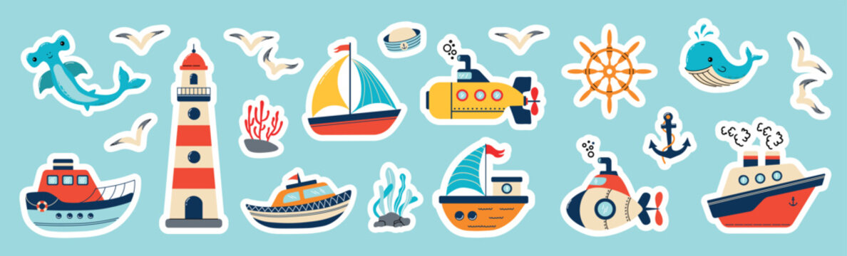 Colorful nautical sticker collection with boats, submarines, lighthouse, whale, shark, anchor, ship wheel, seabirds and marine elements on blue background.