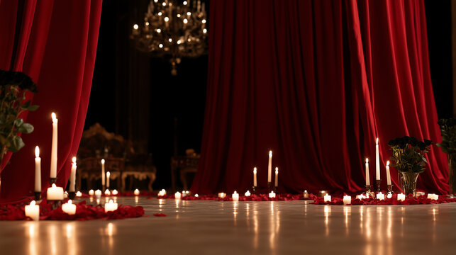 Elegant Vampire Ball Ballroom Decorated With Red Velvet Drapes And Glowing Candlelight Atmosphere