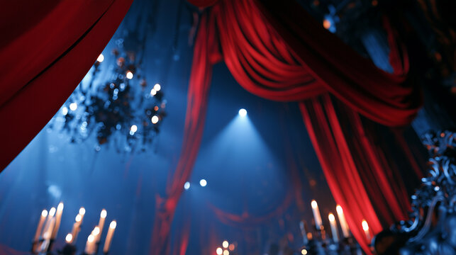 Elegant Dark Gothic Vampire Ball Ballroom Featuring Opulent Red Curtains And Glowing Chandeliers
