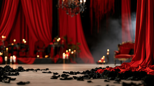 Atmospheric Vampire Ball Setting with Luxurious Red Curtains and Glowing Candles in Dark Hall