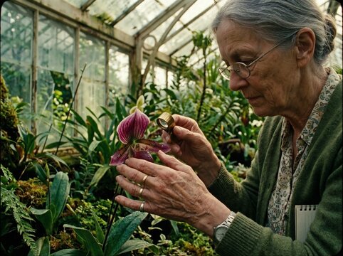 Elderly Botanist Meticulously Examines a Delicate Purple Orchid with a Magnifying Glass Inside a Vintage Greenhouse