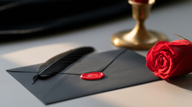 Elegant Black Envelope With Red Wax Seal And A Single Rose For An Atmospheric Vampire Ball Event