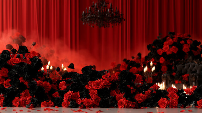 Stunning Gothic Vampire Ball Backdrop Featuring Lush Red and Black Roses with Elegant Curtains