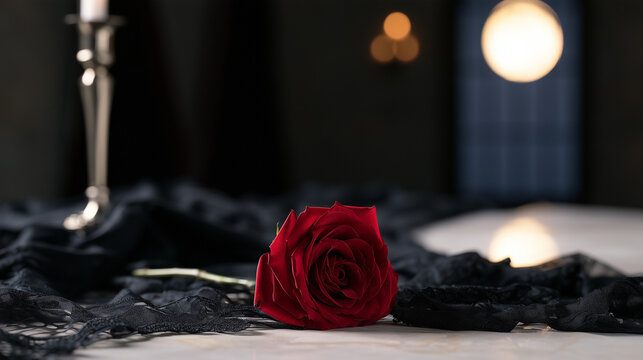 Elegant Single Red Rose Resting on Dark Lace Fabric for a Mystical Vampire Ball Evening Theme