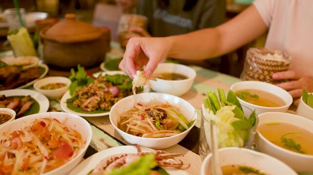 Person Eating Traditional Thai Papaya Salad with Sticky Rice