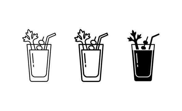Cocktail Icons, Bloody Mary Drink Graphics, Bar Beverage Set, Simple Outline and Silhouette Styles