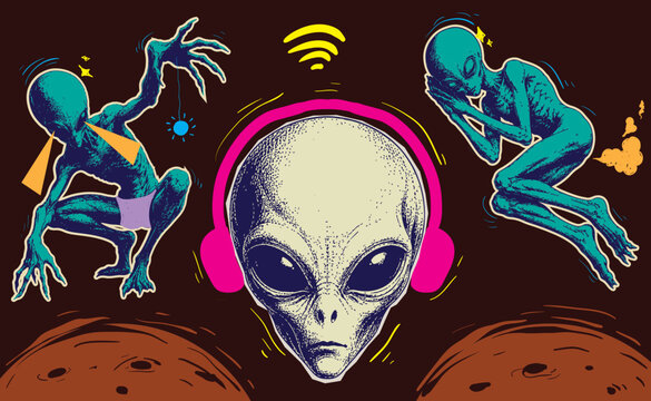 Retro alien clipart collage featuring cutout extraterrestrial characters listening to music with headphones over planets sci fi extraterrestrial headphones illustration creature character
