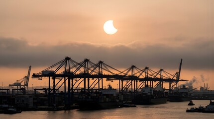 Obraz premium Solar eclipse over a shipping port with industrial container cranes at dawn