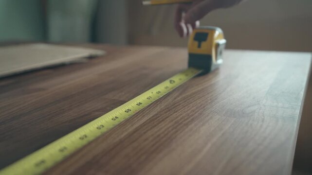 Close-up of hands measuring and marking a walnut countertop with a pencil and tape measure