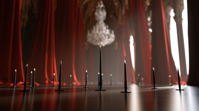 Elegant Vampire Ball Atmosphere With Lit Black Candles Under A Glowing Crystal Chandelier At Night