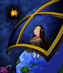 Surreal conceptual illustration of lonely girl sitting in spaceship window overlooking planet Earth and deep space © ericbdg