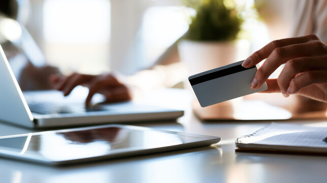 Hand Holding Credit Card Near Laptop Keyboard for Online Checkout Payment