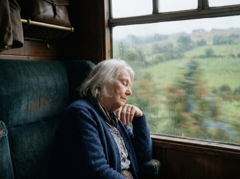 Elderly Woman Sleeping Peacefully While Looking Out a Train Window on a Rainy Day Showing Reflection of Countryside
