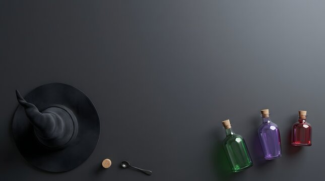 A festive 3d witch hat and potion background featuring colorful glass bottles and a dark hat for halloween celebration