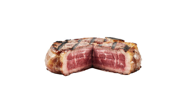 A thick, juicy beef steak cut in half with visible grill marks and a rare pink center on a white surface isolated on a transparent background