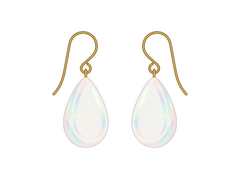 Un paio di eleganti orecchini pendenti con pietre preziose a goccia color opale iridescente montate su ganci in oro, isolati su sfondo bianco, ideali per design di gioielli, moda e accessori di lusso.