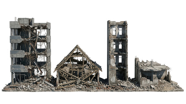 Un insieme di edifici distrutti e rovine architettoniche isolate su sfondo bianco, che rappresentano le conseguenze di un conflitto bellico, un disastro naturale o un crollo strutturale urbano.