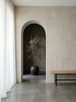 Modern hallway with archway, concrete floor, wooden bench, white sheer curtains, and potted olive tree in dark vase