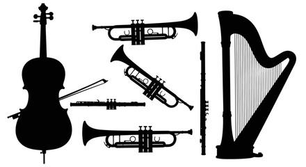 Black silhouettes of various musical instruments on white background with instruments with instruments with instruments © Priyanka