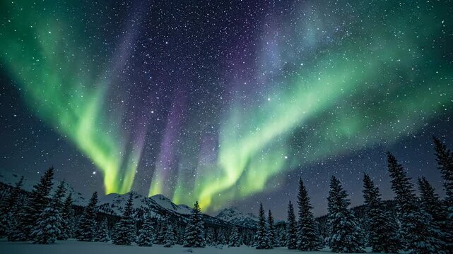 Aurora Borealis Northern Lights Night Sky Stars Nature Landscape Winter Snow Mesmerizing Celestial Display Enchanting Dance Vibrant Green Purple Light Snow Covered Forest Mountains Evoking Wonder
