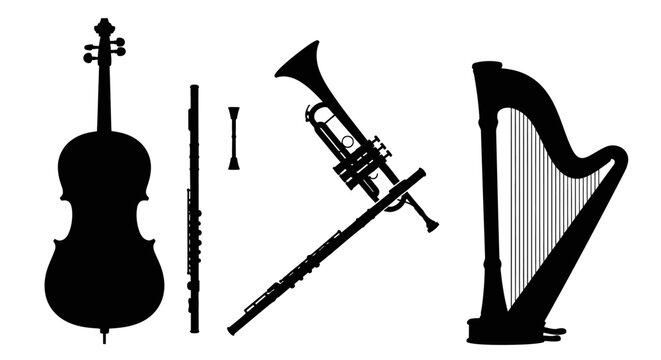 Silhouettes of various musical instruments on white background with instruments including violin flute trumpet clarinet clarinet harp arranged