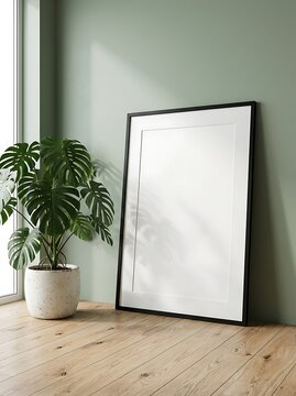 Mockup poster frame on green wall with monstera plant in a pot