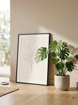 Mockup poster frame with botanical line art on beige wall