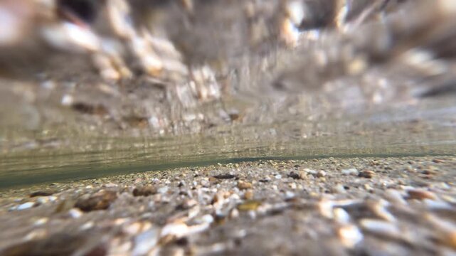 Underwater View of Riverbed Pebbles in Clear Shallow Stream