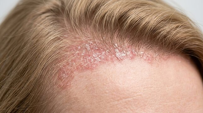 Close up view of a person with severe scalp psoriasis showing red inflamed skin and white scales